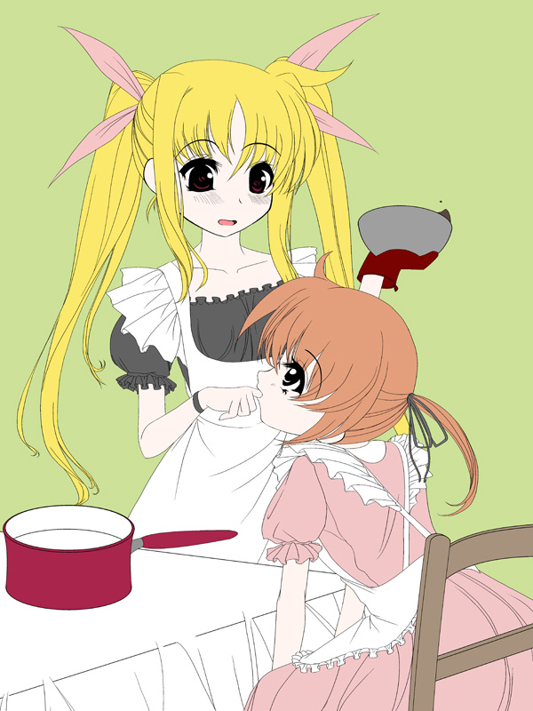 frapowa, fate testarossa, takamachi nanoha, lyrical nanoha, mahou shoujo lyrical nanoha, unfinished, 00s, 2girls, apron, blonde hair, blush, chair, cooking pot, indoors, long hair, multiple girls, puffy short sleeves, puffy sleeves, short sleeves, sidelocks, sitting, standing, table, tablecloth, tareme, twintails, very long hair, waist apron