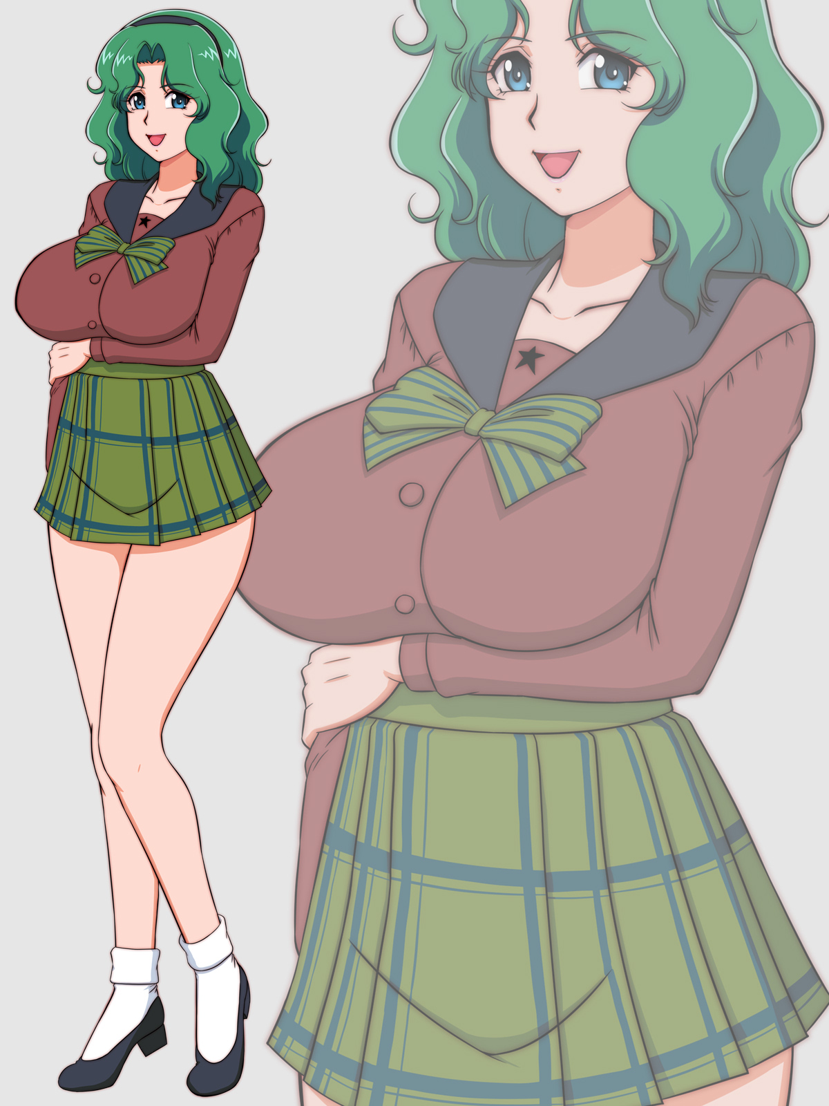lento (glamour works), kaiou michiru, bishoujo senshi sailor moon, highres, blue eyes, bow, bowtie, breasts, collarbone, covered navel, green bow, green bowtie, green hair, green skirt, hairband, high heels, large breasts, lips, long hair, mugen gakuen school uniform, parted hair, plaid clothes, plaid skirt, red shirt, school uniform, shirt, skirt, socks, thighs, wavy hair