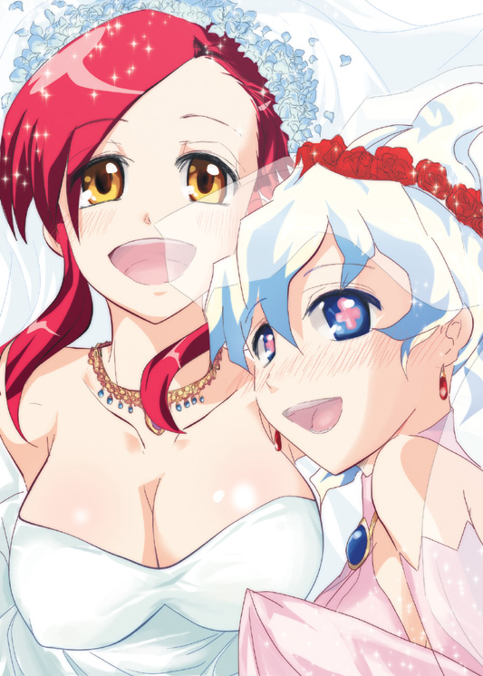 soyoking, nia teppelin, yoko littner, tengen toppa gurren lagann, 00s, 2girls, blue eyes, blue hair, breasts, bride, cleavage, dress, flower, large breasts, multiple girls, red hair, rose, wedding dress, yellow eyes
