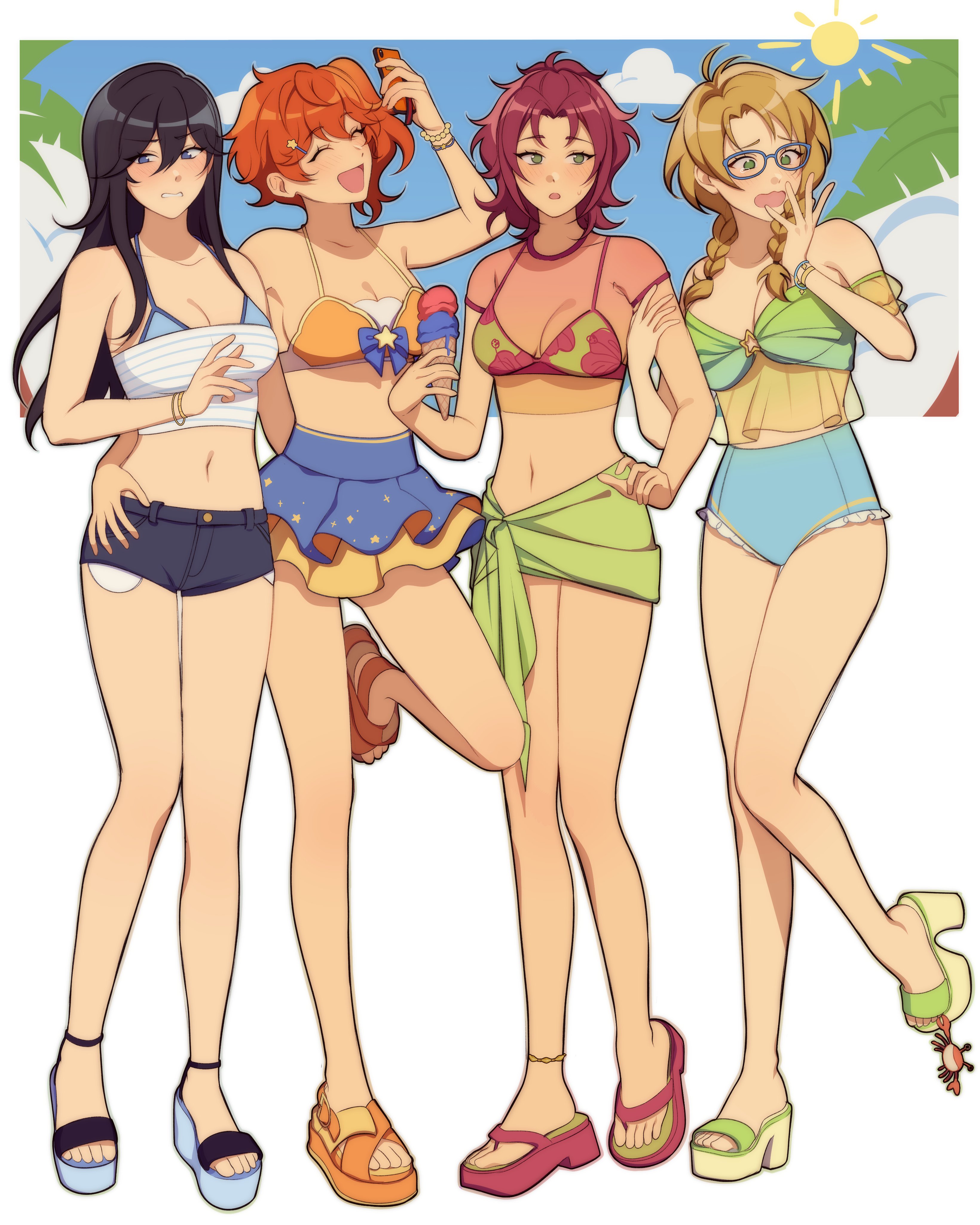 lummy yummy, akehoshi subaru, hidaka hokuto, isara mao, yuuki makoto (ensemble stars!), ensemble stars!, absurdres, highres, 4girls, arm up, bikini, bikini skirt, black hair, black shorts, blonde hair, blue eyes, blue sandals, blue skirt, blue sky, border, bracelet, braid, closed eyes, food, full body, genderswap, genderswap (mtf), green eyes, green sandals, green skirt, hair between eyes, hand on another's arm, hand on another's waist, holding, holding food, holding ice cream, holding ice cream cone, holding phone, ice cream, ice cream cone, jewelry, long hair, looking to the side, medium hair, multiple girls, open mouth, orange hair, orange sandals, phone, red hair, red sandals, sandals, short shorts, shorts, side ponytail, skirt, sky, smile, standing, standing on one leg, swimsuit, twin braids, white border
