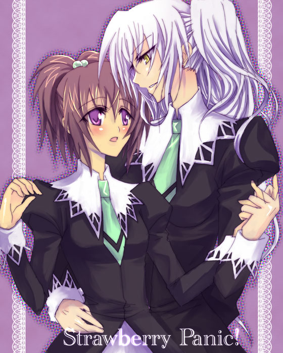 isya, aoi nagisa, hanazono shizuma, strawberry panic!, silver hair, 00s, 2girls, curly hair, hair ornament, holding hands, light smile, long hair, multiple girls, necktie, open mouth, ponytail, purple eyes, red hair, school uniform, wavy hair, yellow eyes