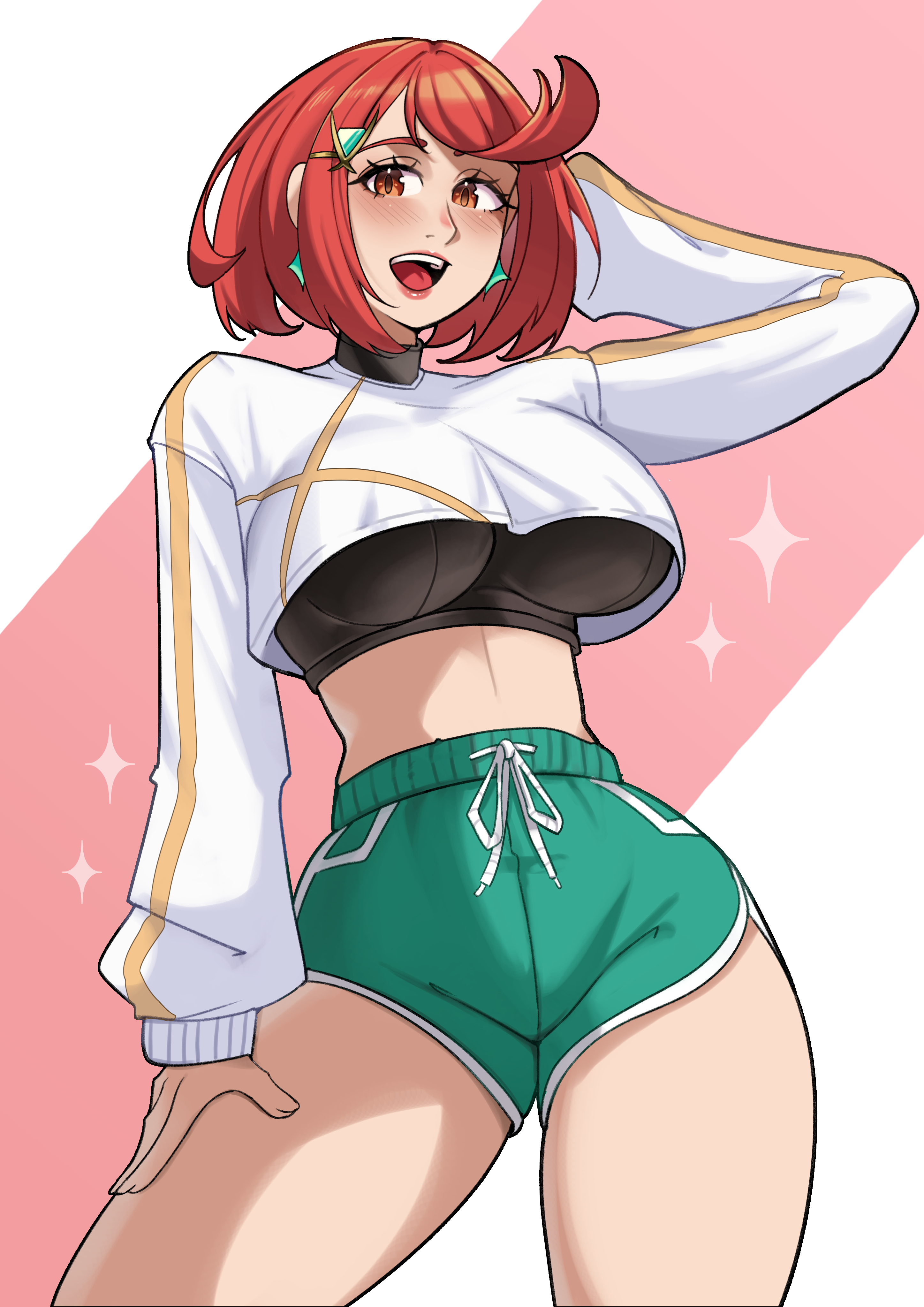 deliciousbrain, pyra (xenoblade), xenoblade chronicles (series), xenoblade chronicles 2, absurdres, highres, 1girl, black sports bra, blush, breasts, crop top, cropped shirt, dolphin shorts, earrings, floating earrings, green shorts, hair ornament, jewelry, large breasts, long sleeves, looking at viewer, midriff, navel, open mouth, red eyes, red hair, red lips, shirt, short hair, shorts, smile, solo, sports bra, star (symbol), swept bangs, teeth, upper teeth only, white shirt, workout clothes