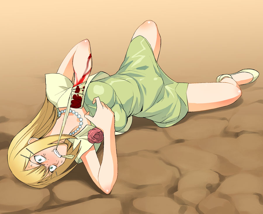 a1 (initial-g), louise halevy, gundam, gundam 00, 00s, 1girl, bare arms, blonde hair, blood, blush, breasts, clenched teeth, dismemberment, dress, female focus, full body, green apparel, guro, hair ornament, hairclip, ingenuity, jewelry, long hair, lying, medium breasts, mouth hold, necklace, no shoes, on back, on floor, outdoors, pain, pearl necklace, severed hand, short dress, solo, sweatdrop, teeth