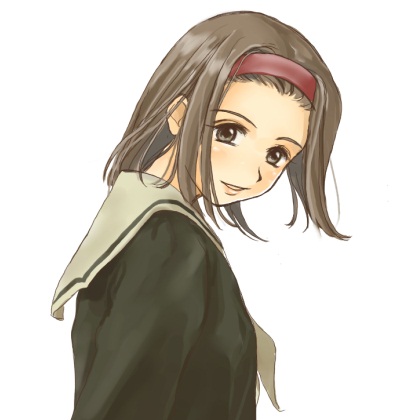 simon (kappa no kawanagare), torii eriko, maria-sama ga miteru, lowres, 00s, 1girl, black eyes, brown hair, female focus, from side, hairband, hairline, looking at viewer, neckerchief, parted lips, school uniform, serafuku, short hair, simple background, smile, solo, upper body, white background, white neckerchief