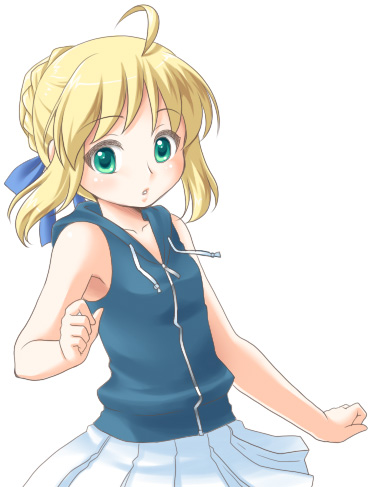 manjiduka, artoria pendragon (fate), saber (fate), fate/stay night, fate (series), lowres, 00s, alternate costume, blonde hair, chibi, green eyes, short hair, skirt, solo
