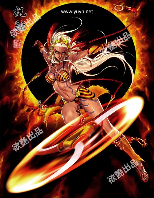 shiyue tiangong, zhu rong (shin sangoku musou), sangoku musou 1, shin sangoku musou, 1girl, amazon warrior, bodypaint, boomerang, bra, breasts, dark-skinned female, dark skin, female focus, large breasts, legs, long hair, sandals, solo, striped bra, striped clothes, underwear, weapon, white hair, yellow eyes