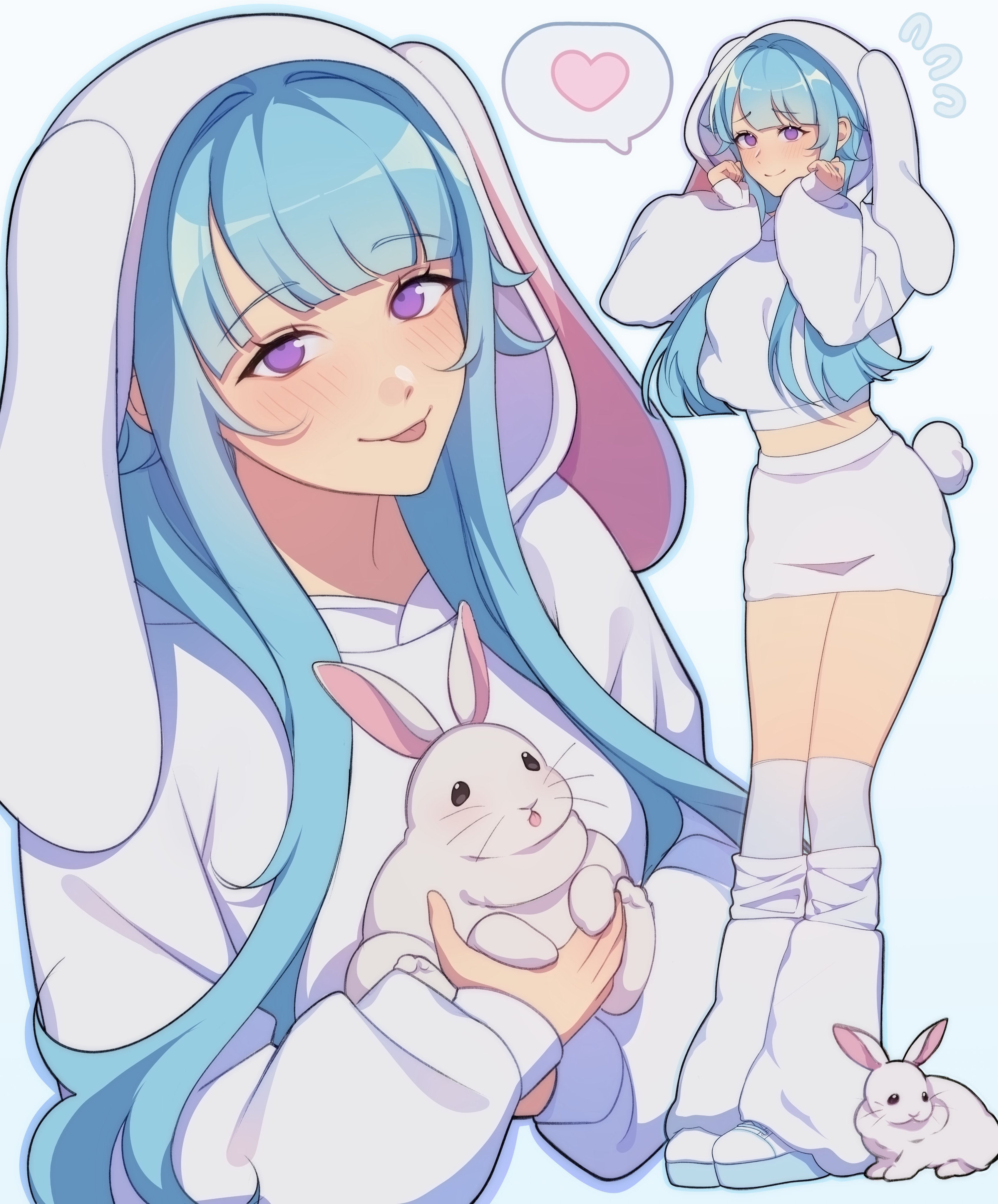 lummy yummy, shino hajime, ensemble stars!, absurdres, highres, 1girl, alternate costume, animal, animal hood, blue hair, blush, closed mouth, cropped hoodie, full body, genderswap, genderswap (mtf), hair between eyes, heart, holding, holding animal, holding rabbit, hood, hoodie, image in speech bubble, kneehighs, leg warmers, long hair, long sleeves, looking at viewer, purple eyes, rabbit, rabbit hood, rabbit tail, shoes, simple background, sleeves past wrists, socks, speech bubble, spoken heart, tail, tongue, tongue out, upper body, white background, white hoodie, white leg warmers, white shoes