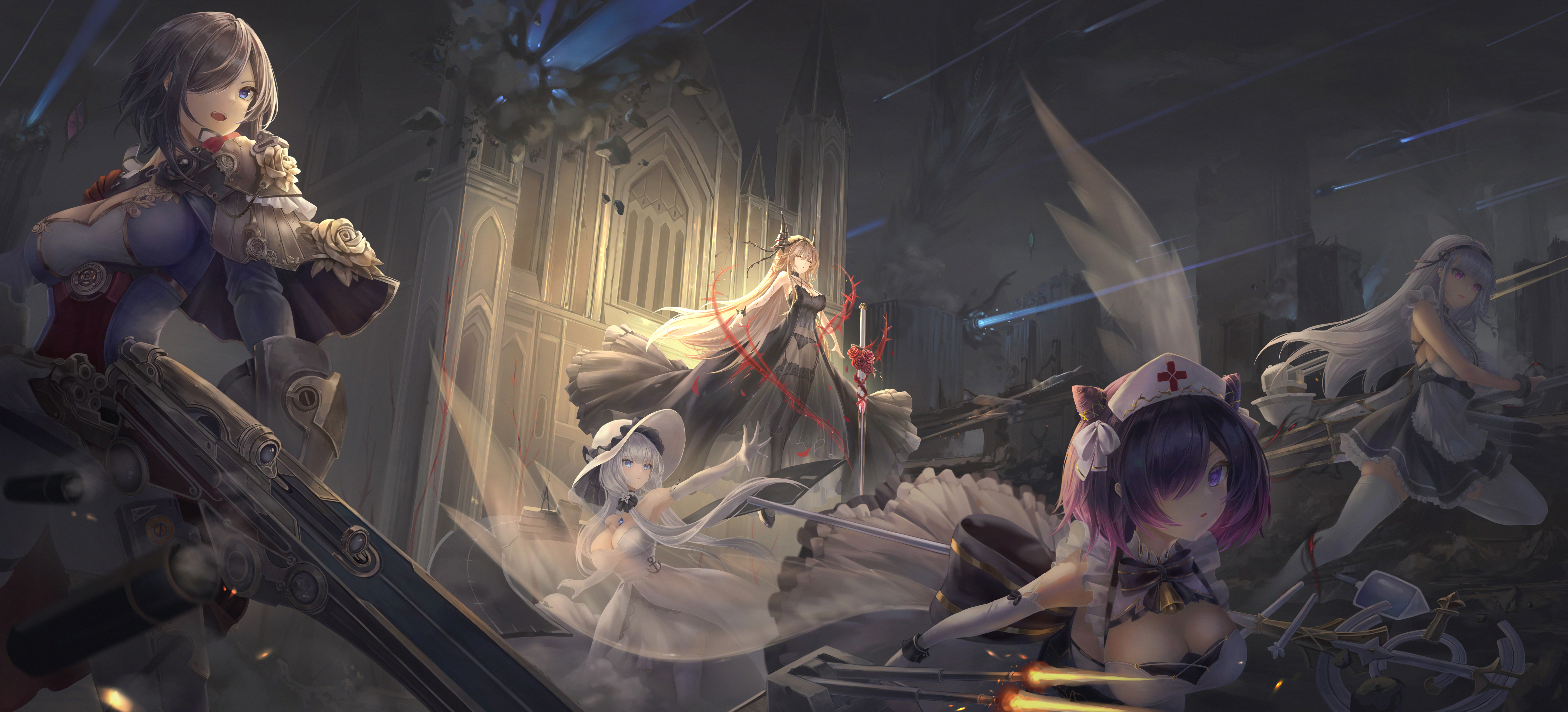 birds-mix, ark royal (azur lane), glorious (azur lane), glorious (meta) (azur lane), illustrious (azur lane), jervis (azur lane), sirius (azur lane), azur lane, absurdres, highres, 5girls, breasts, castle, cloud, cloudy sky, dark background, explosion, fighting, hat, multiple girls, nurse cap, rigging, sky, thorns, yellow light