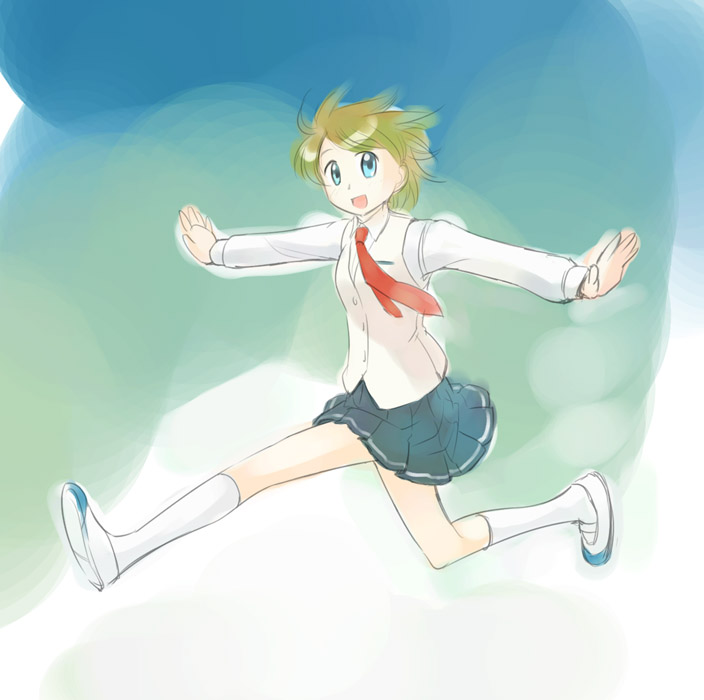 ikeda jun (mizutamari), original, 1girl, aqua eyes, blonde hair, female focus, kneehighs, long sleeves, looking at viewer, necktie, open mouth, red necktie, school uniform, serafuku, shoes, short hair, skirt, socks, solo, white shoes, white socks