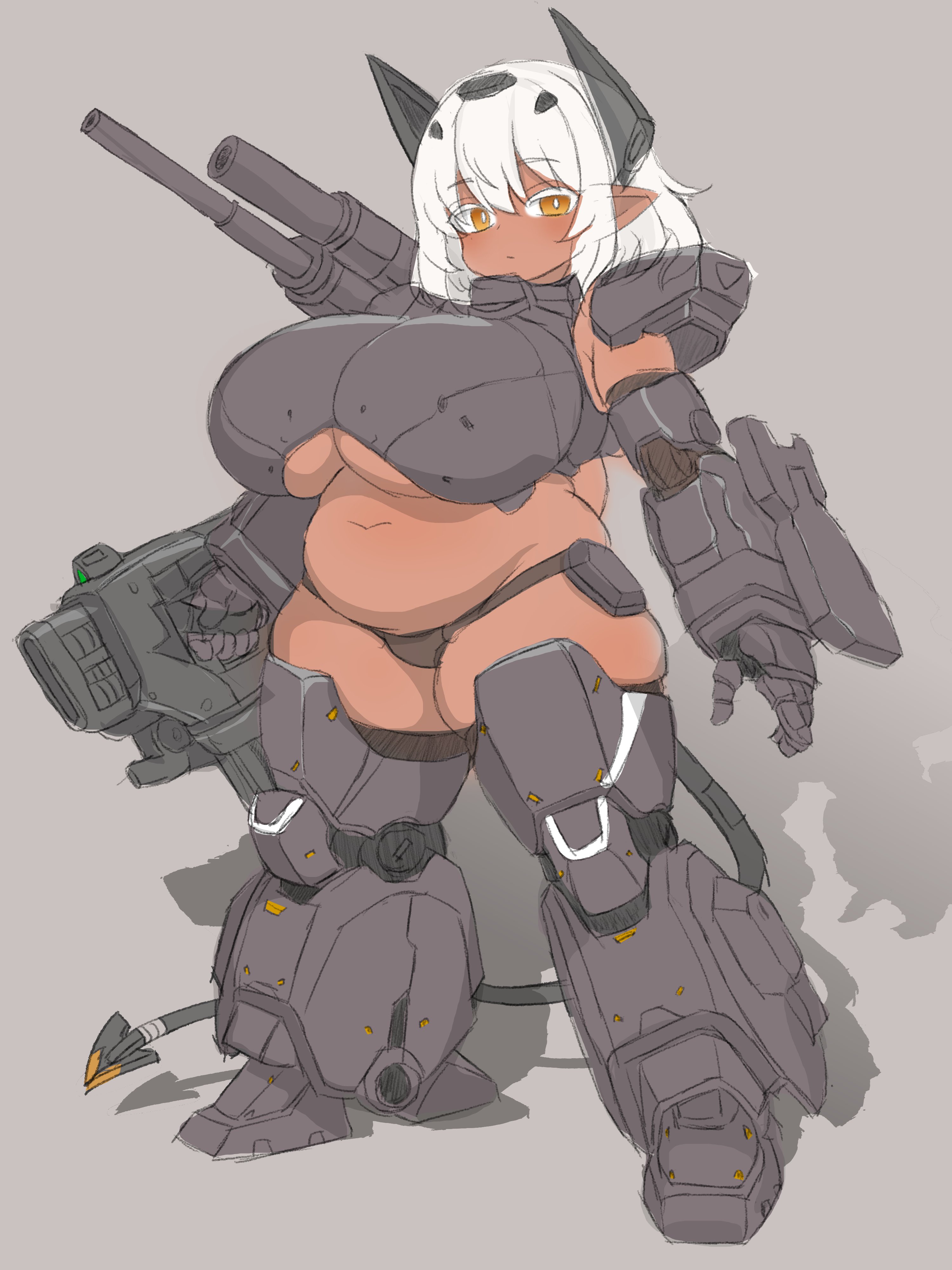 original, absurdres, commentary request, highres, 1girl, breasts, closed mouth, dark skin, eyes visible through hair, fat, full body, grey background, gun, hair between eyes, hair over eyes, huge breasts, looking at viewer, mecha musume, mechanical arms, medium hair, navel, poca252, pointy ears, simple background, solo, standing, tail, thick thighs, thighs, weapon, white hair, yellow eyes
