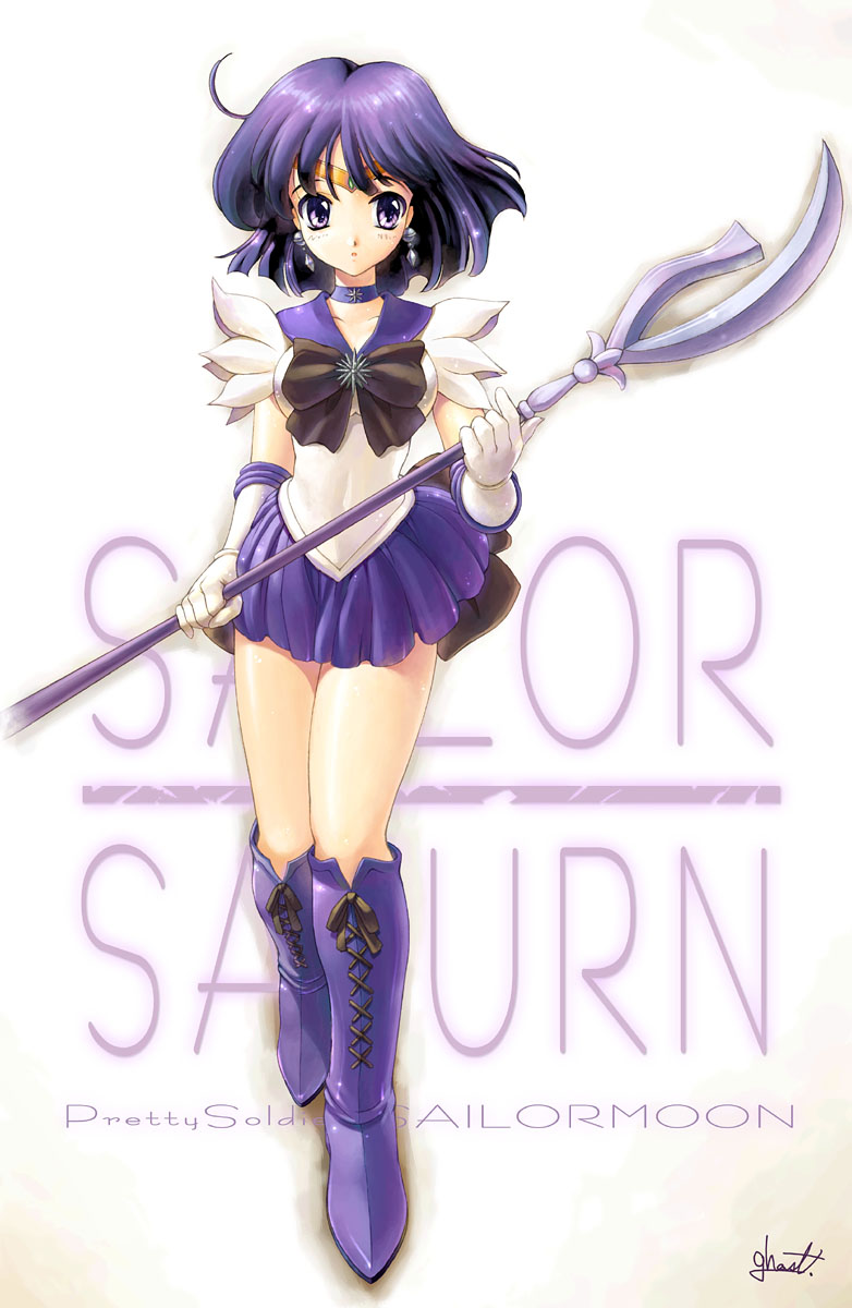 uchiu kazuma, sailor saturn, tomoe hotaru, bishoujo senshi sailor moon, highres, 1990s (style), 1girl, black bow, bob cut, boots, bow, brooch, character name, choker, copyright name, earrings, elbow gloves, female focus, gloves, holding, holding polearm, holding spear, holding weapon, jewelry, knee boots, magical girl, polearm, purple boots, purple eyes, purple hair, purple skirt, retro artstyle, short hair, silence glaive, skirt, solo, spear, staff, star brooch, tiara, weapon, white gloves