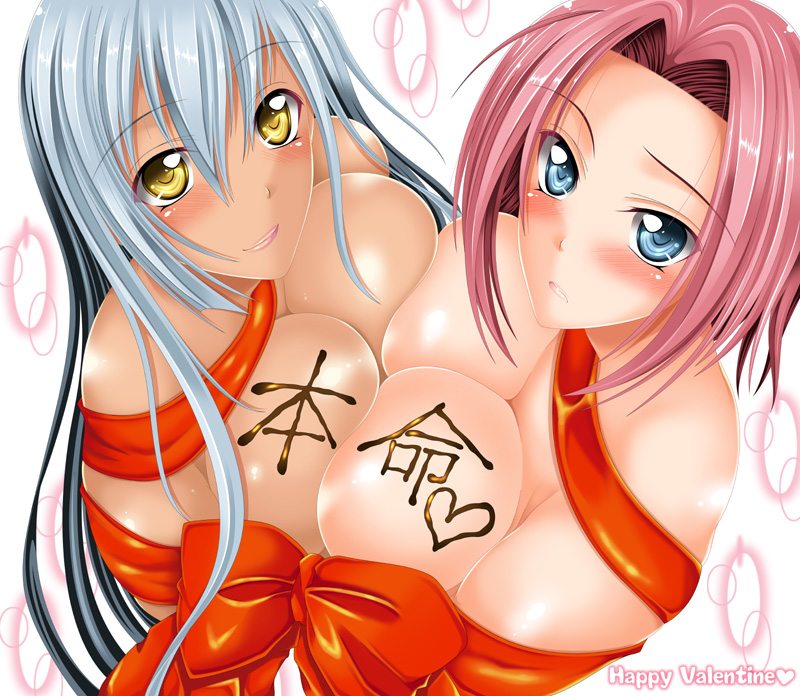 kizaki yuuri, kouzuki kallen, villetta nu, code geass, silver hair, translated, 00s, 2girls, blue eyes, blush, body writing, bow, breast press, breasts, chocolate, cleavage, dark-skinned female, dark skin, from above, happy valentine, huge breasts, large breasts, lipstick, long hair, looking up, makeup, multiple girls, naked ribbon, pink hair, ribbon, short hair, smile, symmetrical docking, valentine, very long hair, yellow eyes, yuri