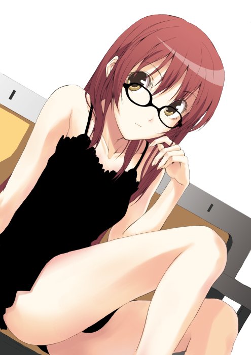luna (reclaimed land), original, 1girl, camisole, chemise, dutch angle, female focus, glasses, legs, long hair, red hair, sitting, solo, yellow eyes