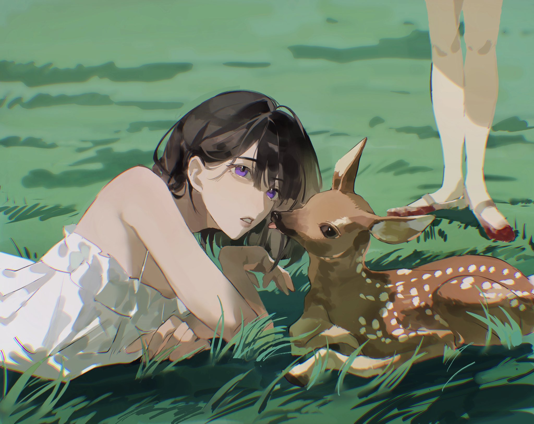 kakyoriya, sua (alien stage), alien stage, commentary, english commentary, highres, 1girl, 1other, black hair, blood on shoes, deer, dress, lying, on grass, on stomach, parted lips, purple eyes, short hair, sleeveless, sleeveless dress, solo focus, spaghetti strap, white dress