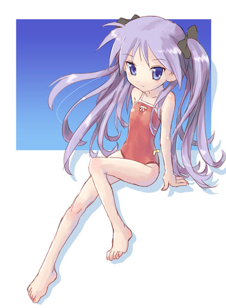 katahira masashi, hiiragi kagami, lucky star, 00s, barefoot, blue eyes, feet, flat chest, full body, one-piece swimsuit, purple hair, solo, swimsuit, twintails