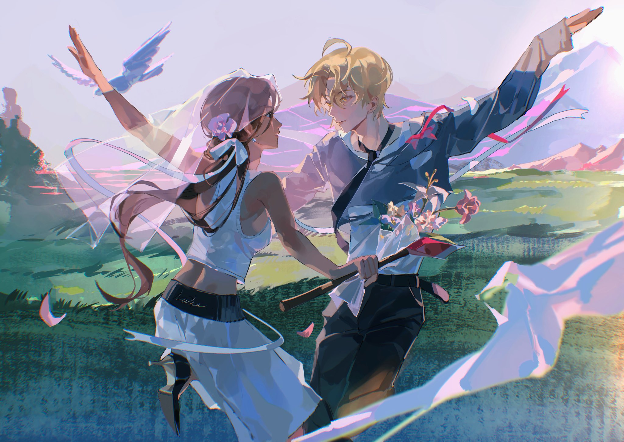 kakyoriya, hyuna (alien stage), luka (alien stage), alien stage, commentary, highres, 1girl, 1other, alternate costume, axe, bird, black necktie, black pants, black shoes, blonde hair, brown hair, dancing, dark-skinned female, dark skin, earrings, flower, foot up, grey shirt, holding, holding axe, jewelry, long hair, mountain, mountainous horizon, necktie, pants, pearl earrings, see-through clothes, see-through veil, shirt, shoes, skirt, tank top, veil, very long hair, white shirt, white skirt, white tank top, yellow eyes