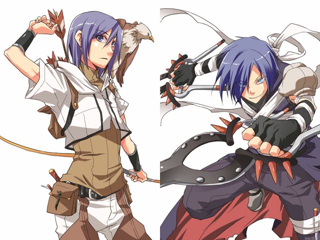 rukira, assassin (ragnarok online), hunter (ragnarok online), ragnarok online, commentary request, 2boys, armor, arrow (projectile), bandages, bandages over clothes, belt pouch, bird, black gloves, blue eyes, blue hair, bow (weapon), brown shirt, brown shorts, cape, closed mouth, cowboy shot, cropped jacket, dagger, dual wielding, elbow gloves, eyes visible through hair, falcon, fingerless gloves, gloves, hair between eyes, hair over one eye, holding, holding bow (weapon), holding dagger, holding knife, holding weapon, jacket, jamadhar, knife, long bangs, looking at viewer, male focus, multiple boys, open mouth, pants, pants under shorts, pauldrons, pouch, purple cape, purple eyes, purple hair, purple pants, purple shirt, quiver, shirt, short hair, short sleeves, shorts, shoulder armor, simple background, sleeveless, sleeveless shirt, smile, waist cape, weapon, white background, white jacket, white pants