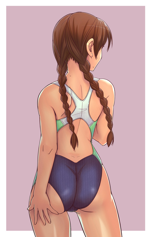 e20, 1girl, ass, back, braid, brown hair, competition swimsuit, dimples of venus, female focus, from behind, one-piece swimsuit, simple background, solo, swimsuit, trefoil, twin braids