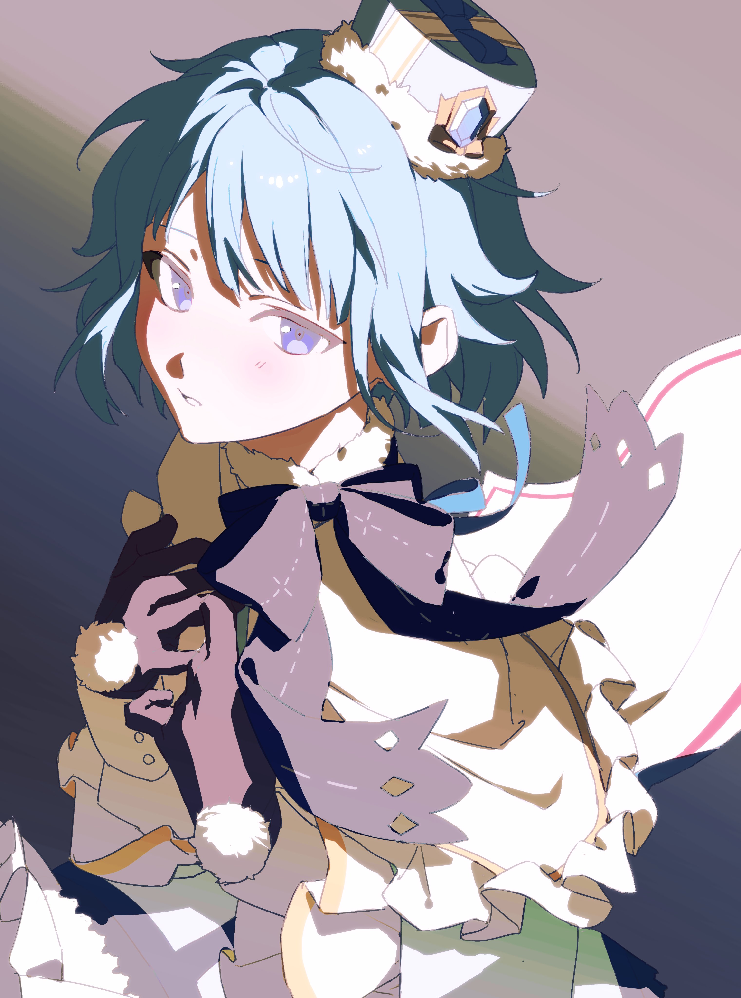 333takoyaki, shino hajime, ensemble stars!, absurdres, commentary request, highres, 1girl, black bow, black gloves, blue eyes, blue hair, blush, bow, capelet, gloves, hands on own chest, hat, long sleeves, looking at viewer, parted lips, pom pom (clothes), shino hajime (brancho brancho), short hair, simple background, solo, white capelet