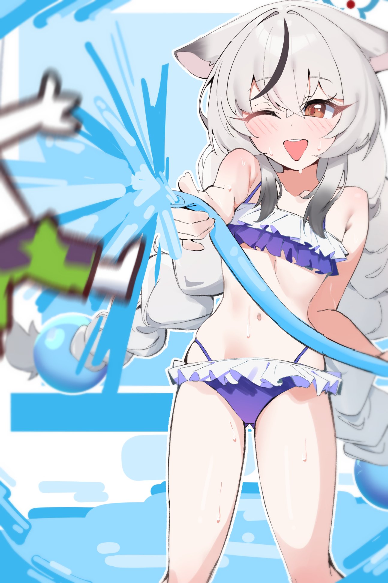 gen (unzzenasd), doodle sensei (blue archive), kokona (blue archive), sensei (blue archive), blue archive, highres, 1boy, 1girl, absurdly long hair, alternate costume, alternate hairstyle, animal ears, bare arms, bare legs, bare shoulders, bikini, black hair, black streaks, blue halo, blush, braid, breasts, collarbone, crossed bangs, dot nose, feet out of frame, frilled bikini, frills, gluteal fold, grey hair, hair between eyes, hair bobbles, hair ornament, hair over shoulder, halo, hand up, holding, holding hose, hose, layered bikini, loli, long braid, long hair, multicolored hair, navel, one eye closed, open mouth, orange eyes, purple bikini, small breasts, solo focus, standing, stomach, streaked hair, swimsuit, teeth, thighs, twin braids, twintails, upper teeth only, very long hair, water, wet