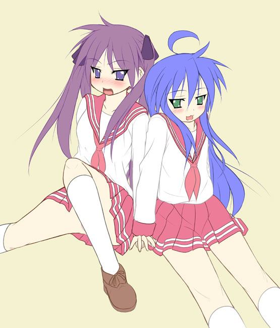 tekehiro, hiiragi kagami, izumi konata, lucky star, brown footwear, eyebrows, white legwear, 00s, 2girls, ahoge, blue hair, blush, green eyes, holding hands, knee up, long hair, looking at viewer, multiple girls, neckerchief, open mouth, pink neckerchief, pleated skirt, purple eyes, purple hair, red skirt, school uniform, serafuku, shoes, skirt, thighhighs, very long hair