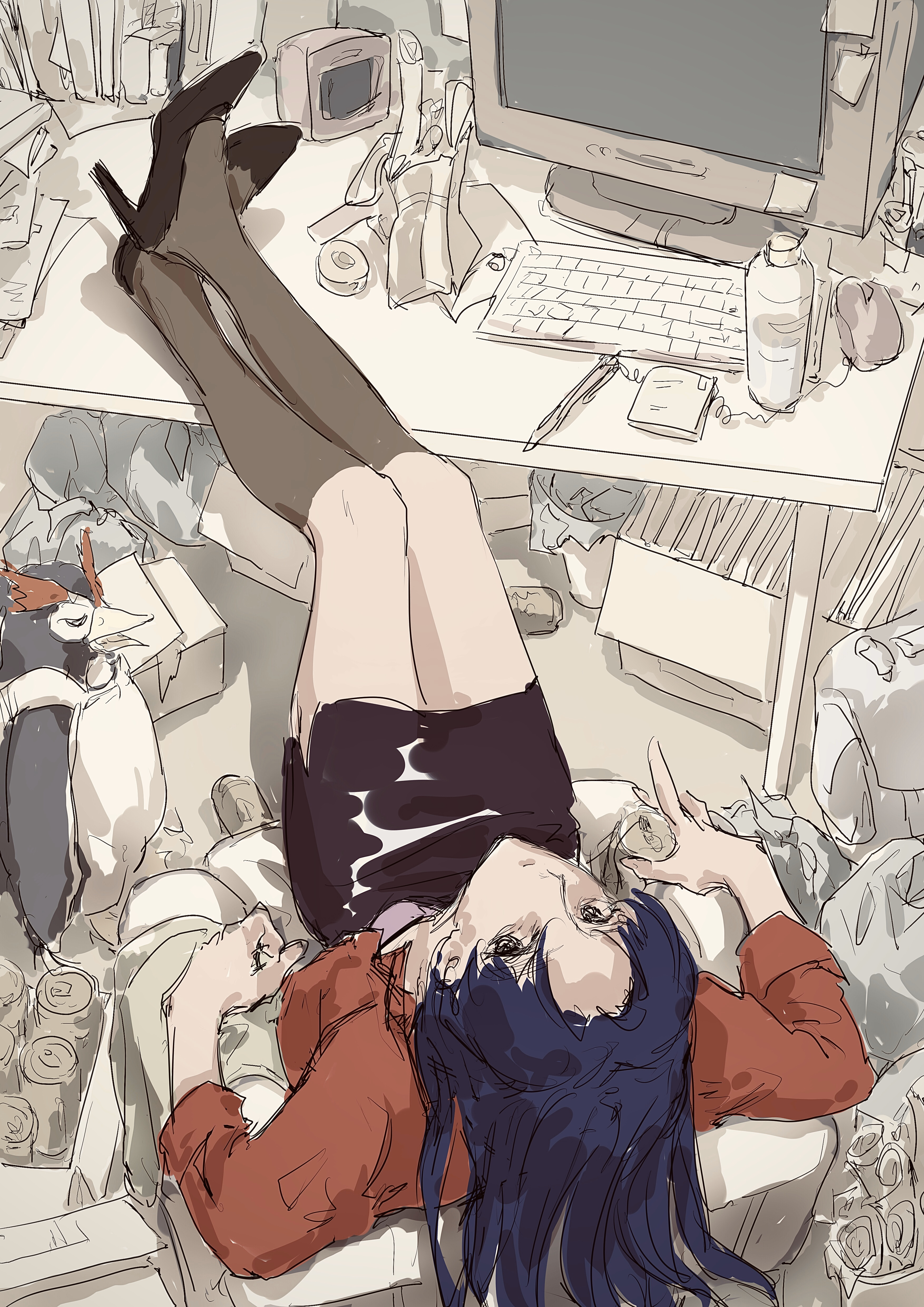 fuyumori, katsuragi misato, penpen, neon genesis evangelion, absurdres, commentary, highres, 1girl, beer can, bird, black shoes, black socks, blue hair, can, computer, drink can, feet on table, from above, full body, jacket, kneehighs, long hair, looking at viewer, messy room, penguin, red jacket, shoes, sitting, sketch, skirt, socks, solo, sticky note