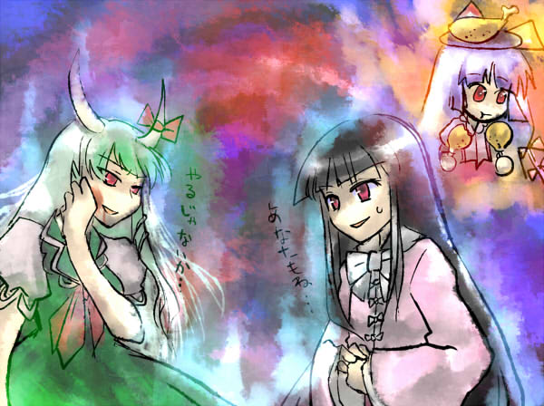 kinkirara, queen qko, ex-keine, fujiwara no mokou, houraisan kaguya, kamishirasawa keine, touhou, 3girls, aura, black hair, blood, bow, dark aura, dress, eating, female focus, green hair, hime cut, horns, japanese clothes, kimono, multiple girls, object on head, red eyes, short sleeves, sweatdrop, white hair