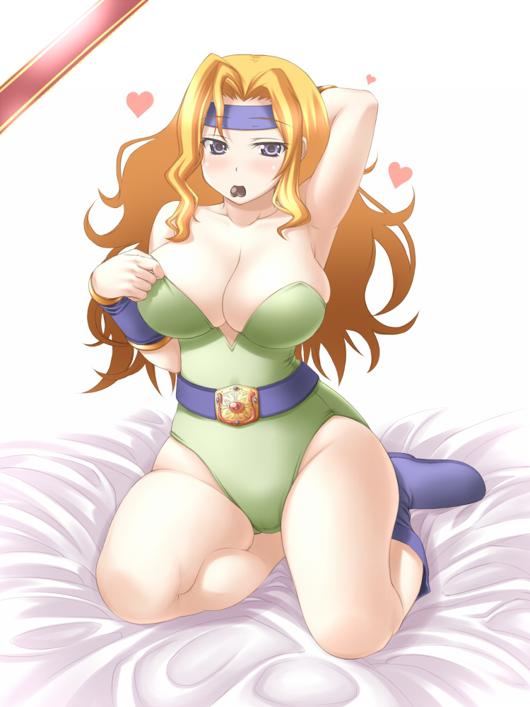 morimoto kiyona, celes chere, final fantasy, final fantasy vi, 1990s (style), 1girl, blonde hair, blue eyes, blush, boots, breasts, chocolate, cleavage, female focus, hairband, heart, large breasts, long hair, retro artstyle, solo, valentine