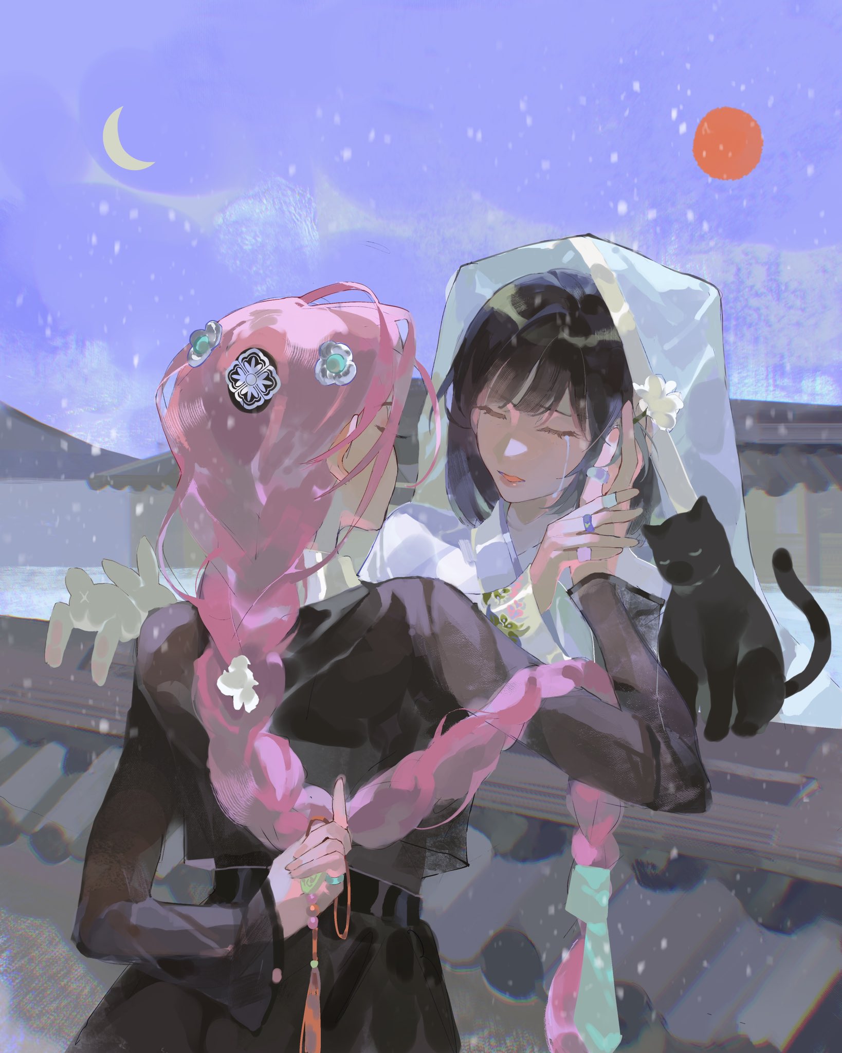 kakyoriya, mizi (alien stage), sua (alien stage), alien stage, commentary, english commentary, highres, 2girls, alternate costume, black cat, black hair, black hanbok, braid, cat, closed eyes, crying, daenggi, hanbok, holding, jewelry, korean clothes, long hair, long sleeves, medium hair, multiple girls, pink hair, ring, single braid, tears, tears from one eye, veil, very long hair, white veil