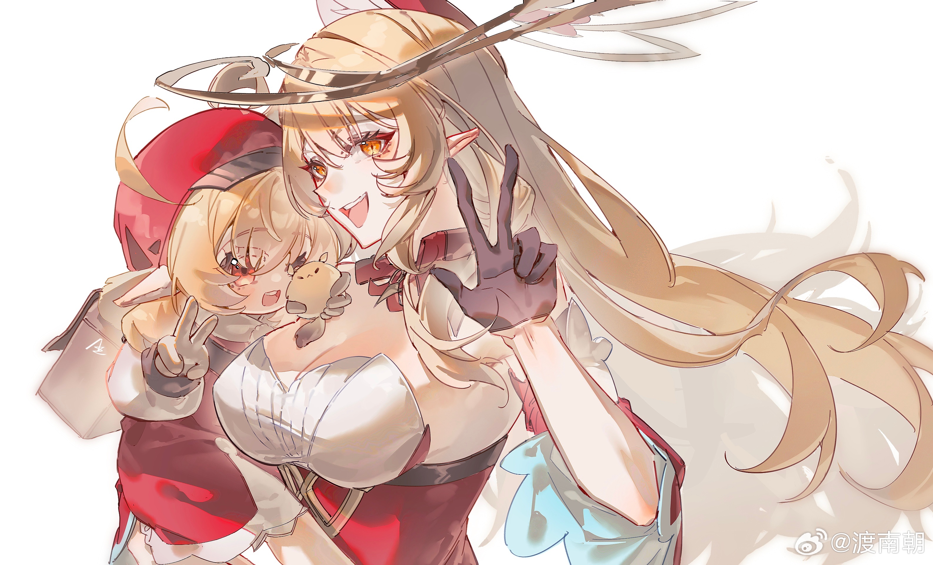 alice (genshin impact), dodoco (genshin impact), klee (genshin impact), genshin impact, commentary request, highres, 2girls, backpack, bag, blonde hair, breasts, brown gloves, carrying, carrying person, child carry, cleavage, coat, dress, du nan chao, floating hair, gloves, gold halo, hair between eyes, hand up, hat, holding, holding stuffed toy, large breasts, long hair, looking at viewer, mother and daughter, multiple girls, open mouth, pointy ears, red coat, red dress, red eyes, red hat, simple background, smile, stuffed toy, teeth, upper body, upper teeth only, v, very long hair, white background