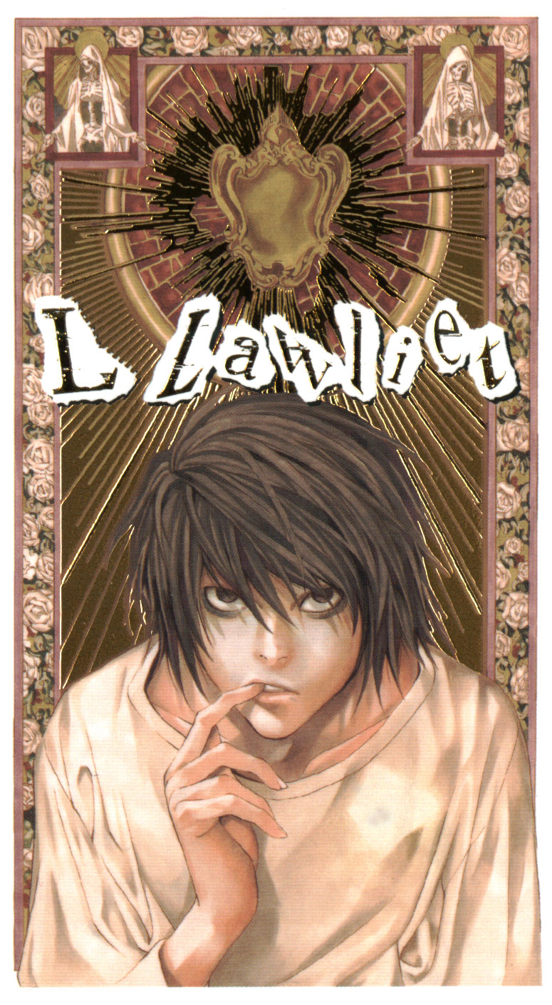 obata takeshi, l (death note), death note, highres, official art, spoilers, 00s, 1boy, bags under eyes, brown eyes, brown hair, card, card (medium), finger in own mouth, male focus, open mouth, solo