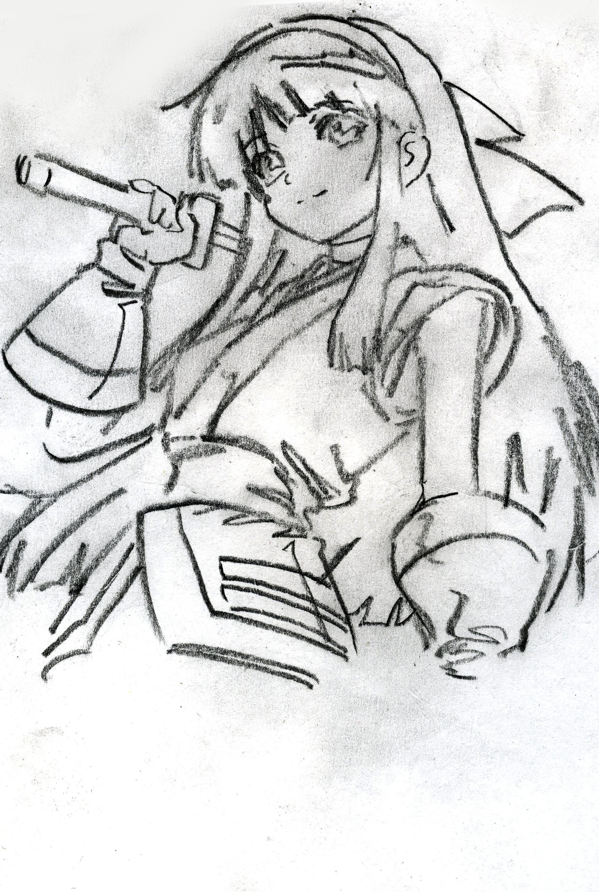nakoruru, samurai spirits, snk, the king of fighters, highres, traditional media, 1girl, ainu clothes, artist name, breasts, fingerless gloves, gloves, hair ribbon, legs, long hair, looking at viewer, monochrome, pants, ribbon, sketch, small breasts, smile, solo, sword, thighs, weapon