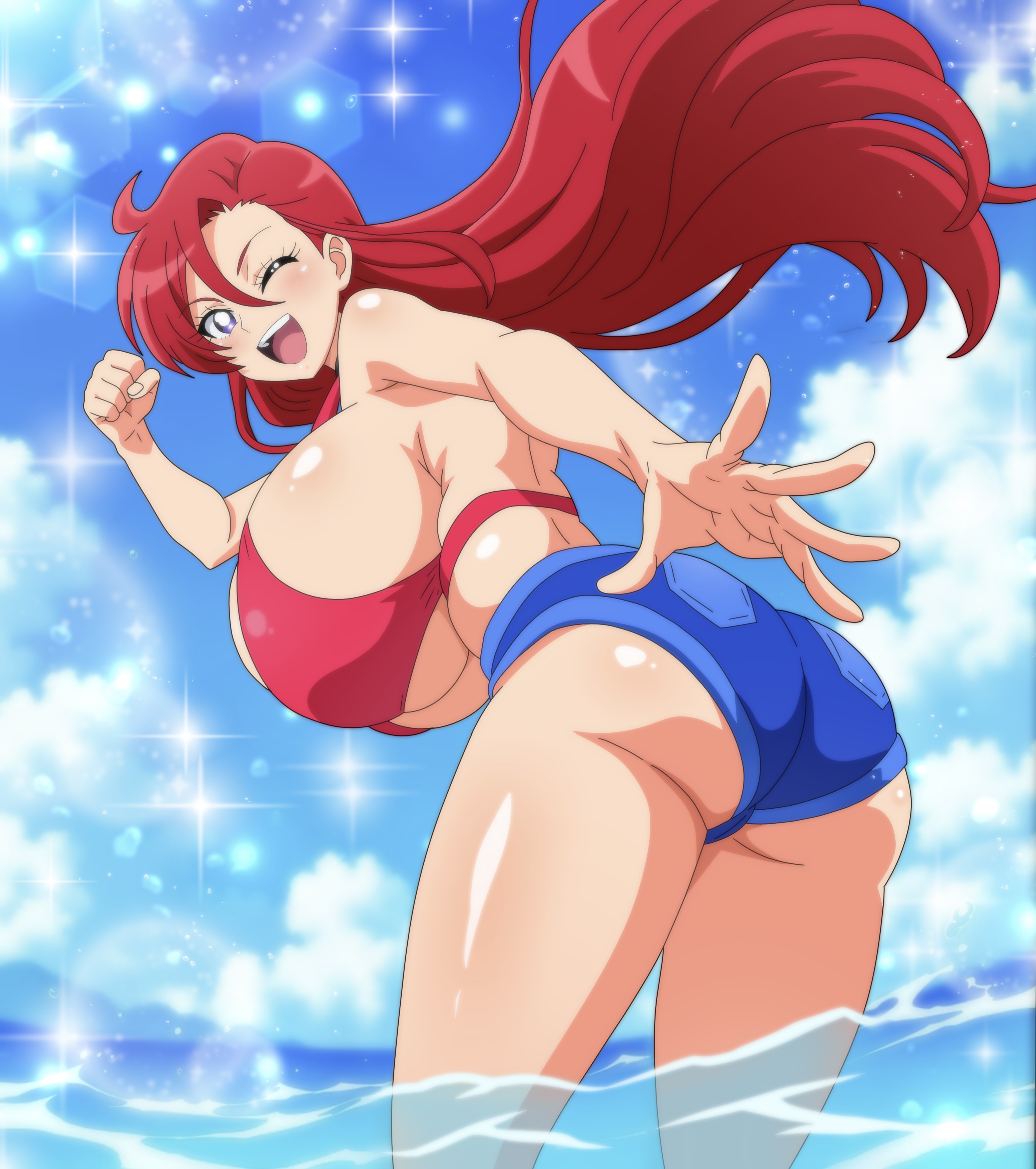hitokiwa kenchin, takizawa asuka, precure, tropical-rouge! precure, 1girl, abs, breasts, huge breasts, solo, swimsuit