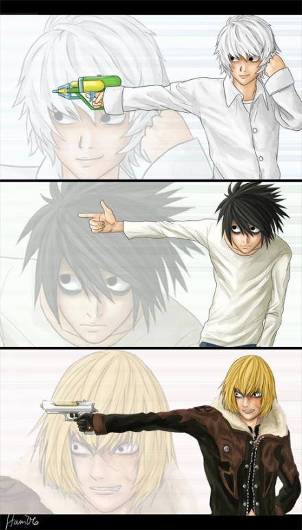 l (death note), mello (death note), near (death note), death note, jpeg artifacts, 00s, 3boys, bags under eyes, blouse, finger gun, gun, male focus, multiple boys, shirt, water gun, weapon, white shirt