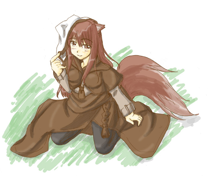zero point, holo, spice and wolf, 00s, animal ears, brown eyes, brown hair, long hair, sitting, smile, solo, tail, wolf ears, wolf tail