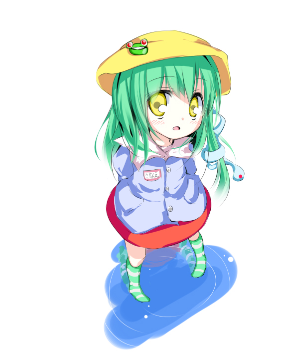 oouso, kochiya sanae, touhou, 1girl, child, female focus, full body, kneehighs, socks, solo, standing, water