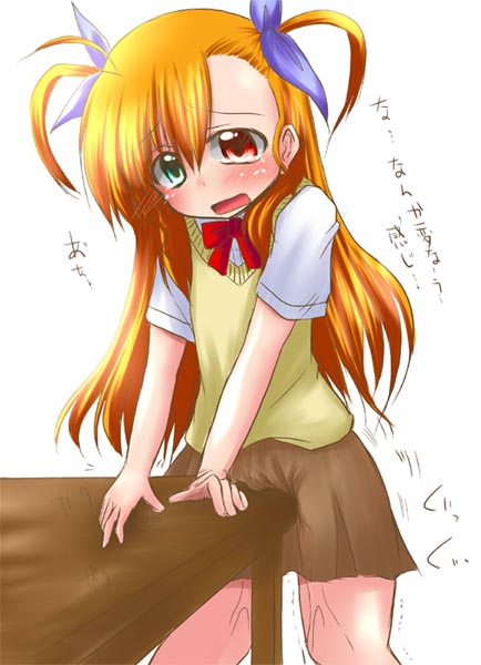 misana, vivio, lyrical nanoha, mahou shoujo lyrical nanoha, mahou shoujo lyrical nanoha strikers, translated, 00s, 1girl, blush, clothed masturbation, crotch rub, female focus, female masturbation, heterochromia, loli, long hair, masturbation, masturbation through clothes, school uniform, solo, st. hilde academy of magic uniform, table, table humping