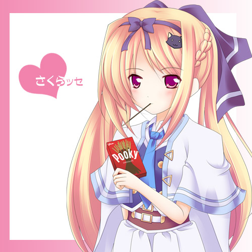 maid koubou, lulli, sakura strasse, lowres, 1girl, braid, cat hair ornament, crown braid, female focus, food, hair ornament, pocky, solo