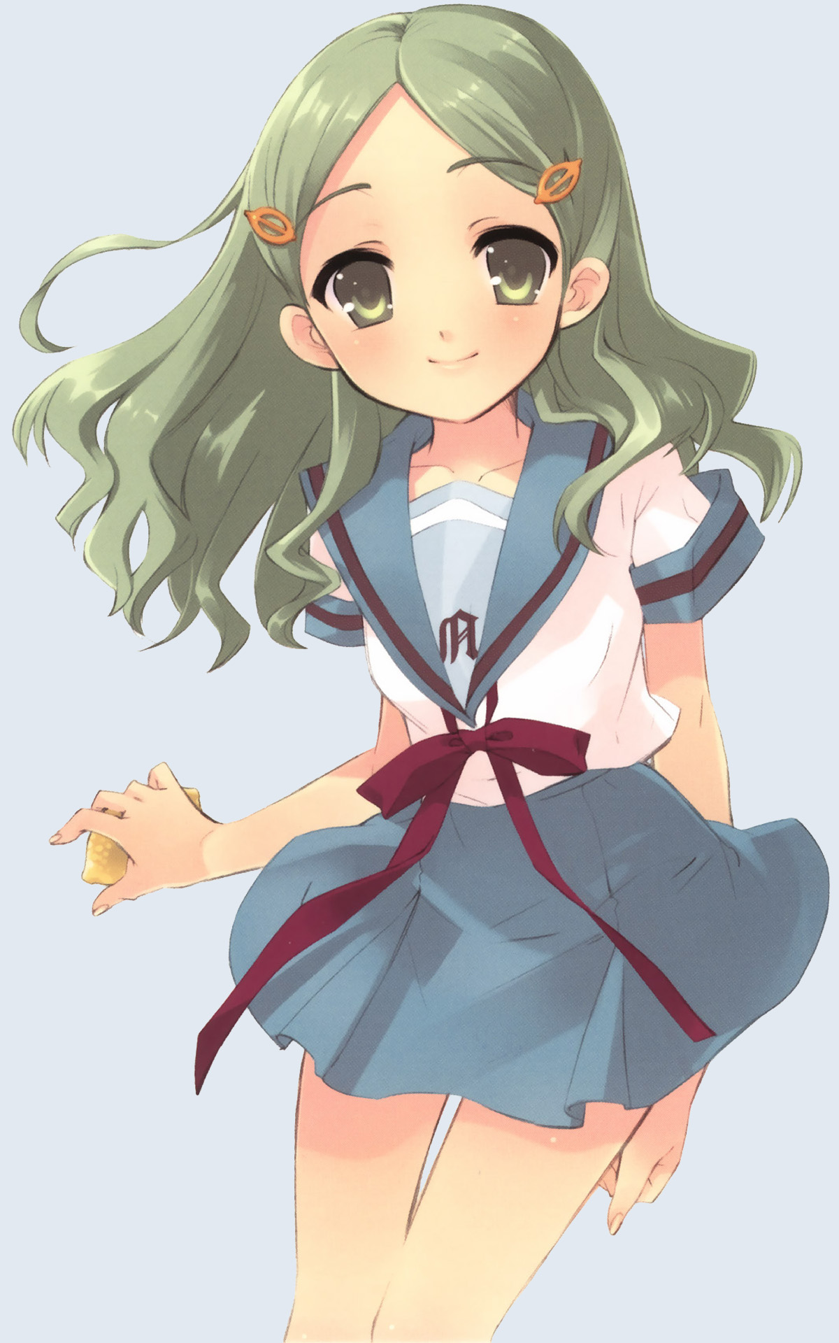 ito noizi, kimidori emiri, suzumiya haruhi no yuuutsu, highres, 00s, 1girl, female focus, food, fruit, green eyes, green hair, hair ornament, hairpin, holding, holding food, holding fruit, lemon, school uniform, serafuku, solo