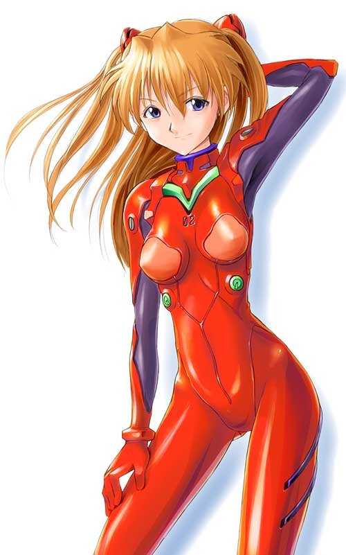 fugetsu taku, souryuu asuka langley, neon genesis evangelion, bad id, bad pixiv id, jpeg artifacts, 1girl, arm behind head, arm up, armpits, blue eyes, bodysuit, bracer, breasts, breasts apart, closed mouth, contrapposto, cowboy shot, facing viewer, female focus, gloves, hair between eyes, hand on own thigh, headgear, latex, legs apart, light smile, long hair, looking at viewer, mecha pilot suit, medium breasts, orange hair, plugsuit (evangelion), shadow, shiny clothes, simple background, skin tight, skinny, smile, solo, standing, turtleneck, white background