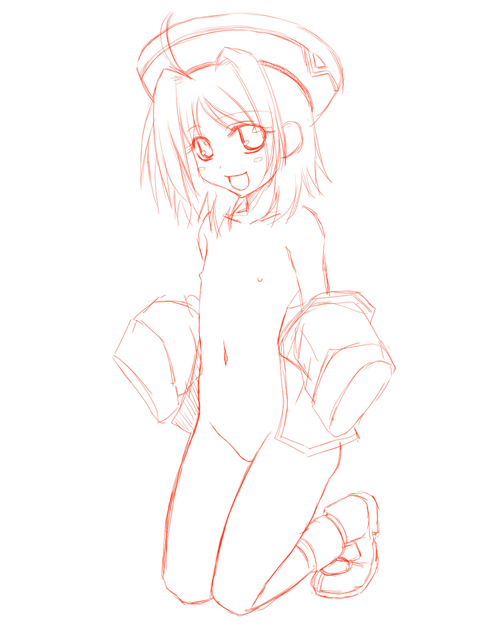 ichimedoo, caro ru lushe, lyrical nanoha, mahou shoujo lyrical nanoha, mahou shoujo lyrical nanoha strikers, 00s, 1girl, female focus, flat chest, loli, monochrome, nipples, sketch, solo