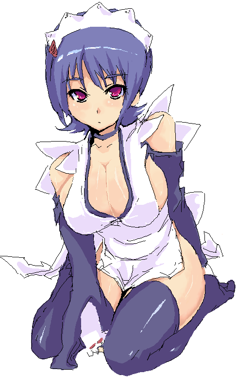 iroha (samurai spirits), samurai spirits, 1girl, blue hair, breasts, cleavage, female focus, flipped hair, oekaki, red eyes, sideboob, solo, thighhighs