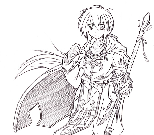 yuuno scrya, lyrical nanoha, mahou shoujo lyrical nanoha, 00s, 1boy, :o, armor, blush, breastplate, cape, cowboy shot, gloves, greyscale, holding, holding weapon, lance, male focus, monochrome, parted lips, polearm, simple background, solo, spear, standing, weapon, white background