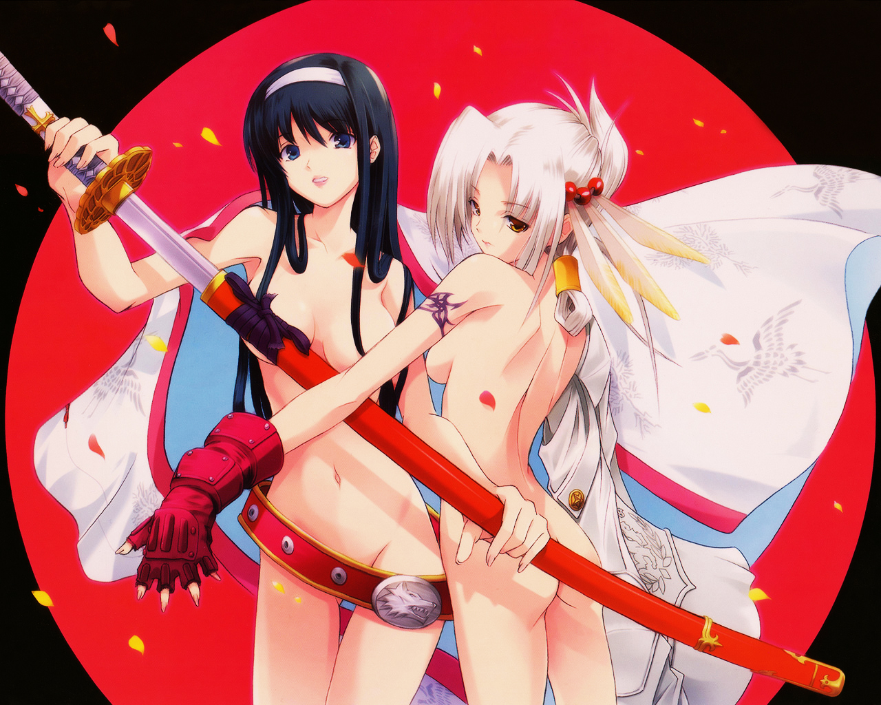 onigirikun, kyoudou senna, tenrou kunagi, alice soft, dai (series), daibanchou, 2girls, :d, ass, back, belt, black hair, blue eyes, breasts, censored, convenient censoring, feathers, fingerless gloves, fingernails, folded ponytail, from behind, gloves, groin, hair bobbles, hair ornament, hair up, hairband, japanese clothes, katana, kimono, large breasts, lipstick, long fingernails, long hair, looking back, makeup, medium breasts, multiple girls, nail (hardware), naked belt, navel, nude, open clothes, open mouth, petals, sheath, sideboob, smile, standing, sword, tattoo, thigh gap, thighs, undressing, unsheathing, weapon, white hair, yellow eyes, yuri