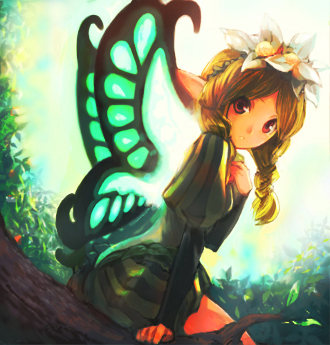 star (ikaruga), mercedes (odin sphere), odin sphere, lowres, 1girl, blonde hair, braid, butterfly wings, female focus, insect wings, over shoulder, pointy ears, puff and slash sleeves, puffy shorts, puffy sleeves, red eyes, shorts, solo, twin braids, wings
