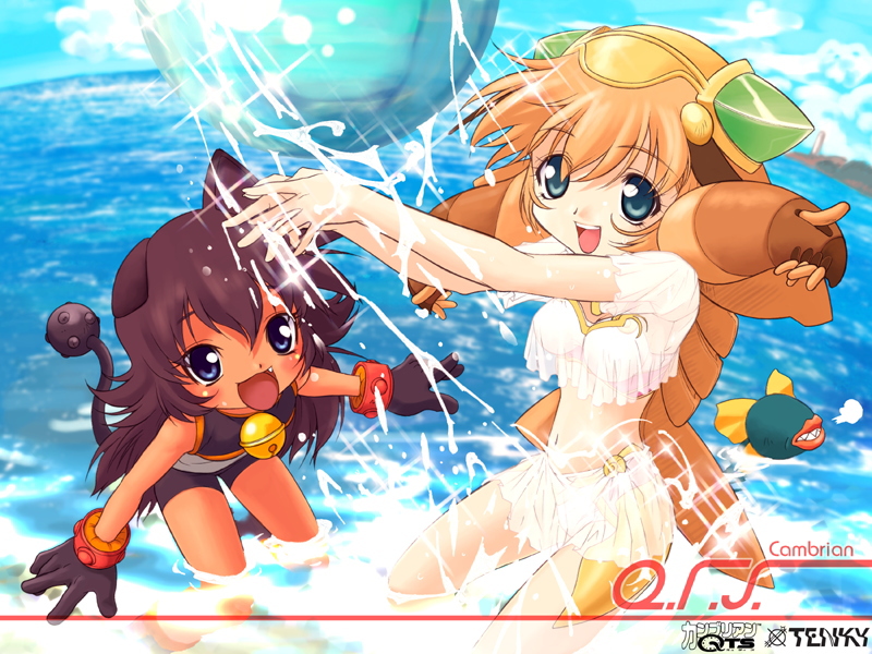anomalocaris (cambrian qts), habelia, opabinia (cambrian qts), cambrian qts, animal ears, ball, balloon, beachball, bell, bikini, fang, splashing, swimsuit, water