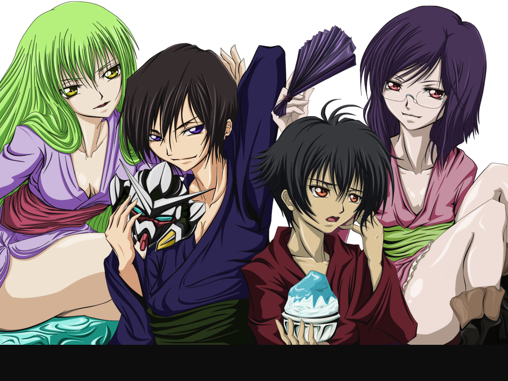 madhatter hello, c.c., lelouch vi britannia, setsuna f. seiei, tieria erde, code geass, gundam, gundam 00, bad id, bad pixiv id, 00s, 1girl, 3boys, crossover, folding fan, food, glasses, hand fan, mask, multiple boys, shaved ice, trap
