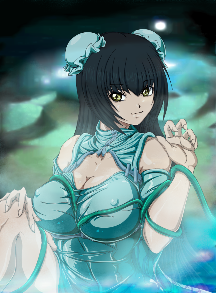 madhatter hello, wang liu mei, gundam, gundam 00, bad id, bad pixiv id, 00s, 1girl, breasts, bun cover, cleavage, cleavage cutout, clothing cutout, female focus, large breasts, solo