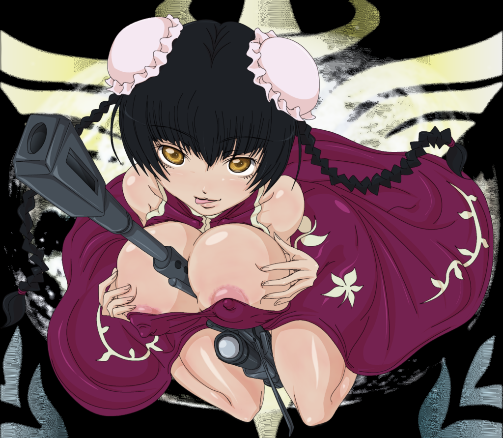 madhatter hello, wang liu mei, gundam, gundam 00, 00s, 1girl, areola slip, bare shoulders, between breasts, black hair, breasts, bun cover, china dress, chinese clothes, cleavage, covered erect nipples, double bun, dress, female focus, gun, hair bun, large breasts, nipple slip, nipples, rifle, sniper rifle, solo, tongue, weapon, yellow eyes
