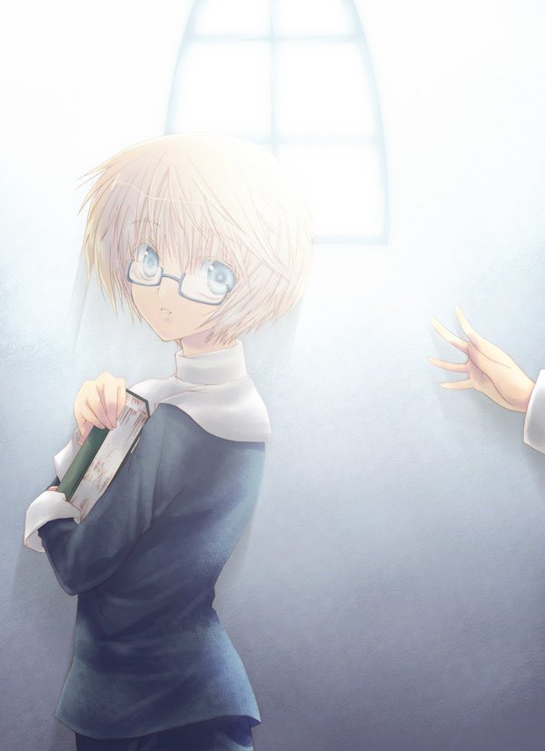 kokono coco, baroque (sound horizon), elysion, sound horizon, 1girl, androgynous, blonde hair, blue eyes, book, glasses, holding, looking back, parted lips, short hair, solo focus, sunlight, very short hair, white theme, window